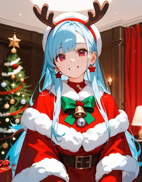 Score_9,Score_8_up,Score_7_up,highest quality, source_anime, highest quality, BREAK 1 girl,  Santaa cosplay, (light blue hair:1.2), long hair, (brown eyes:1.3), light smile, BREAK (snowy, Christmas, room), BREAK