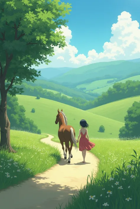 painting of a couple of people walking down a path with a horse, screenshot from the anime film, key art, guweiz, artwork in the style of guweiz, todays featured anime still, key visual, violet evergarden, guweiz masterpiece, anime countryside landscape, a...