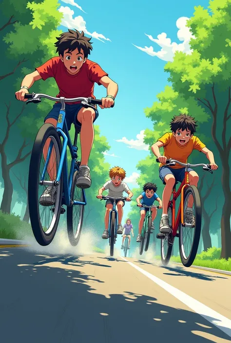 Image of 5 helmetless 15-year-old ren falling off their bikes 