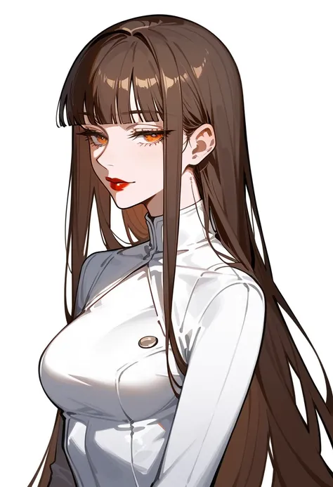 Artwork,,,,back view,adult female,single woman,alone,brown and blond hair,very long straight hair,short blunt bangs,golden and orange eyes,half closed eyes,red lipstick,full lips,expressionless,pale skin,medium breasts,white tight suit with long sleeves,wi...