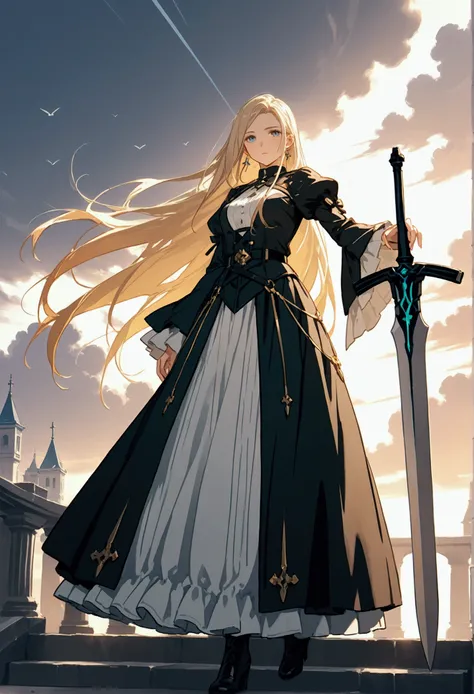 A tall girl with long hair holding a big sword 