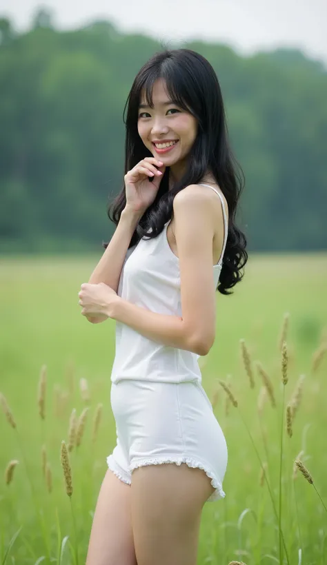 Like a real photo, a grassland by a forest lake, a fair-skinned Asian girl, a pretty face, a beautiful chest, she is about 170 cm tall, black hair, wearing white panties and a white short dress, which she picked up from the grassland, she smiles tiredly bu...