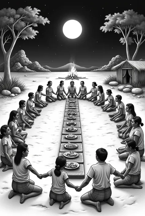 A realistic black-and-white drawing of a pamba mesa with food on a long straight line of flat stones on the ground in an Indigenous South American village. People hold hands together, forming a circle around the row of food. At night with a full moon and s...