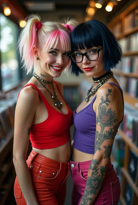 Amateur photo. Two caucasian women, 21 years old. One with pink and platinum blonde hair in short high pigtails, squinty eyes, smiling. One pale with short navy blue hair, curvy, glasses with thick black square frames, (large dark eyes:1.2), heavy eyebrows...