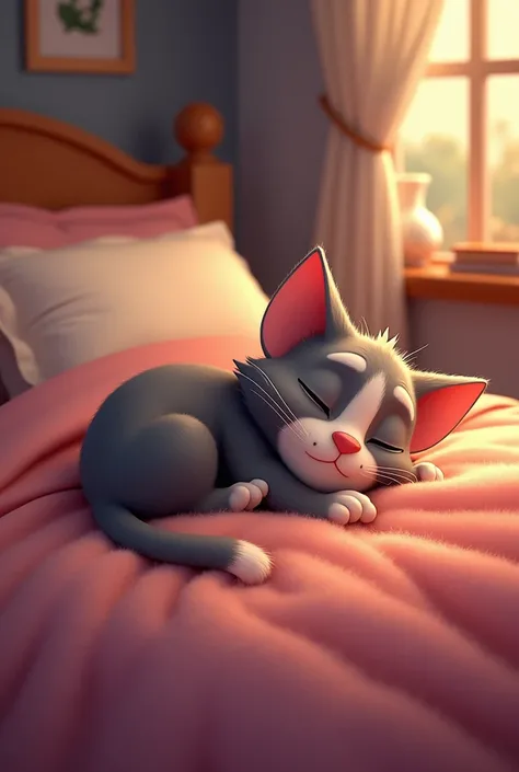 Create me an image of talking Tom lying on a bed sleeping