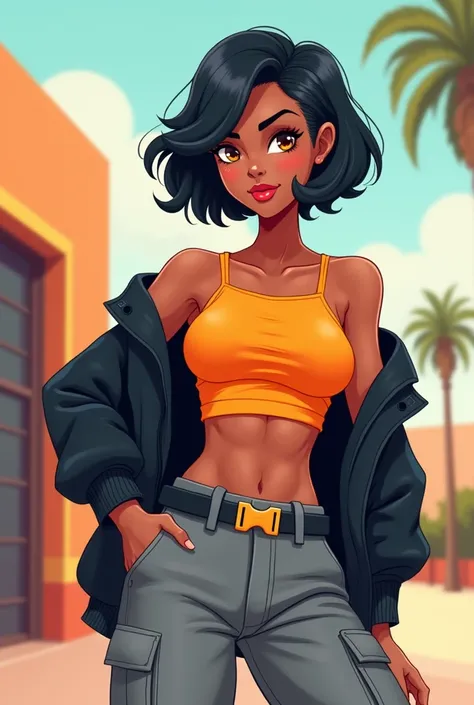 Cartoon, flat, 2d, cell-shaded. Woman, tan-bronze skin, athletic physique, amber eyes, short black hair. She is wearing 2000s inspired fashion: A black jacket, an orange off-shoulder shirt, a belt, and gray cargo pants. 2000s aesthetics
