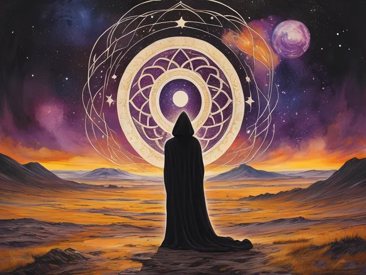 "A hooded figure in a black cloak stands at the center of a vast cosmic scene, surrounded by swirling nebulae in deep purples and golds. Above the figure, a glowing mandala radiates intricate patterns of sacred geometry, symbolizing the divine plan woven s...