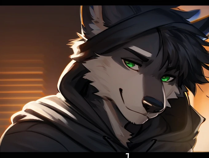 {{male, anthro, solo, wolf, (Black grey) fluffy mane, fluffy fur, green eyes, black short hair, long snout, long fluffy tail}}, wearing (black unzipped oversized hoodie, dark color shirt, looking at camera, black pants, hoodie on neck), {{detailed fluffy f...