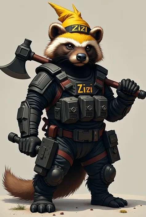  Honey badger with black structural equipment and with a yellow Phoenix helmet with his hat that says Zizi, What a flex with his acha and his halligan 