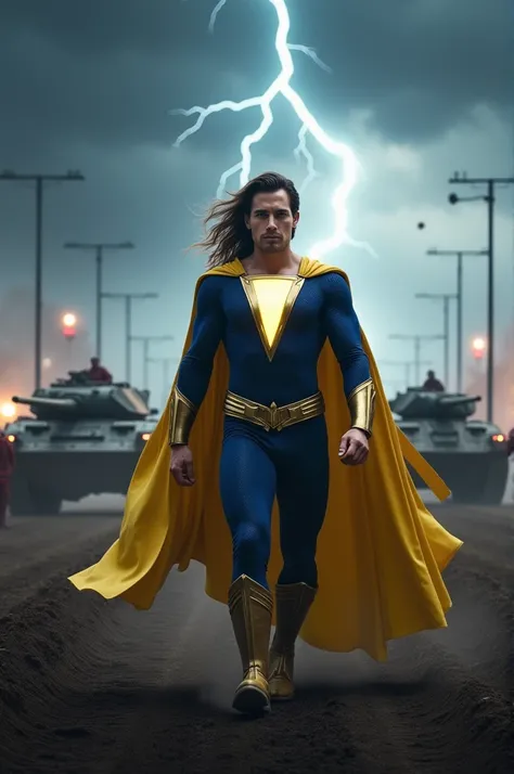 Shazam on a battlefield 
"Shazam in her heroic pose navy blue suit , yellow cape in the middle of a modern battlefield,  with tanks and soldiers in the background .  Lightning crosses the stormy sky as he prepares to fight.  Realistic background and cinema...