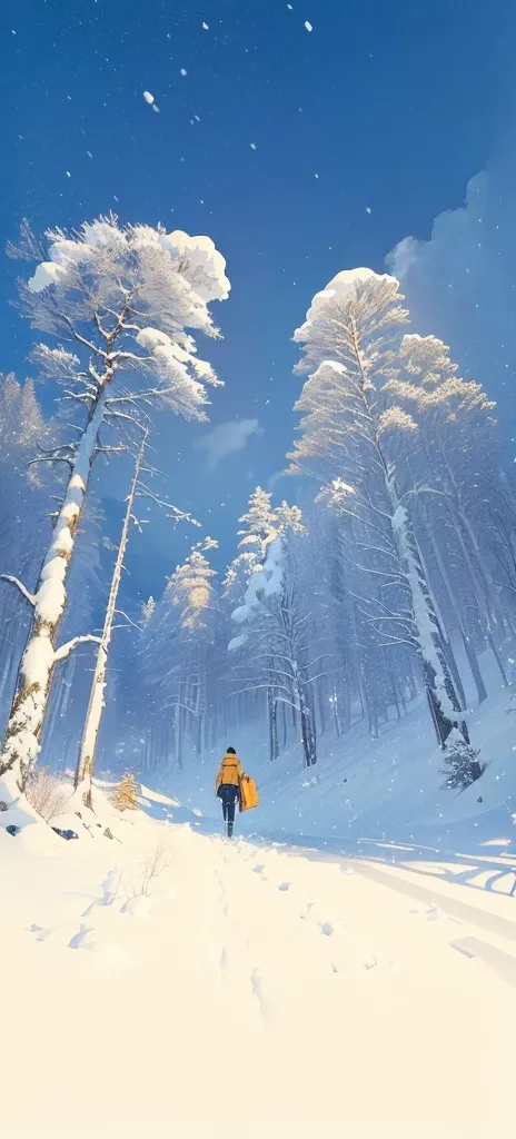 snow scene of a person walking in the snow with trees, snow. by Shinkai Makoto, inspired  by Arti Gailan, 以阿泰·盖兰风格,  by Arti Gailan, 阿蒂·盖兰 8K, 宫崎骏和新海诚, conrad roset 和 makoto shinkai,  Shinkai Makoto style 