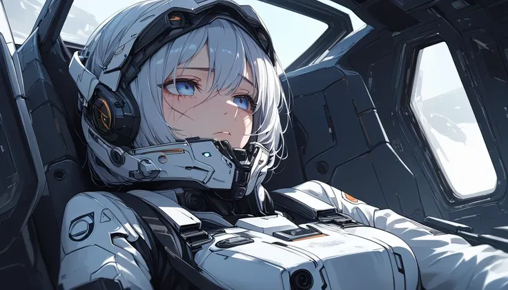  top quality ,A girl in a pilot suit full of scars, sad expression , futuristic,In the cockpit,Pilot