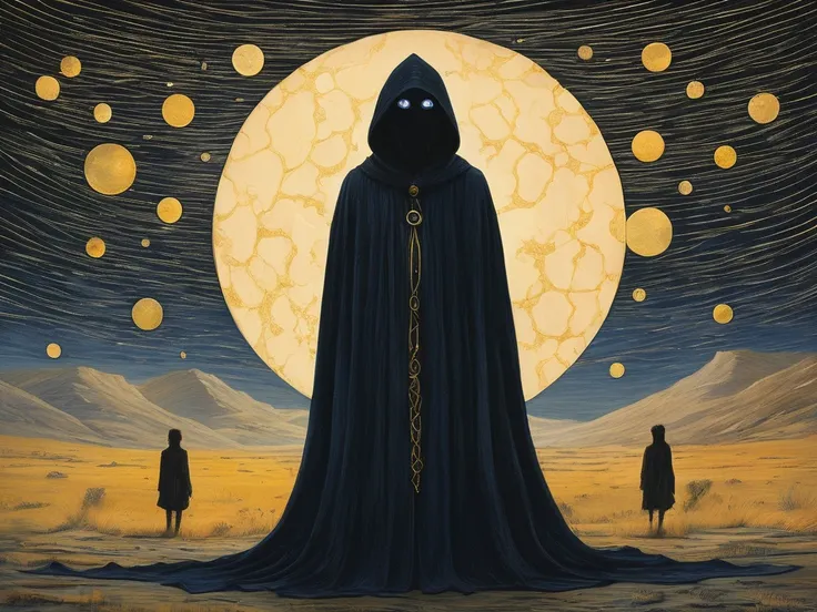 "A hooded figure in a black cloak stands in a celestial field surrounded by faint, glowing symbols of sacred geometry that float in the air. Behind the figure, an ethereal silhouette of a  appears, surrounded by soft golden light, symbolizing innocence and...