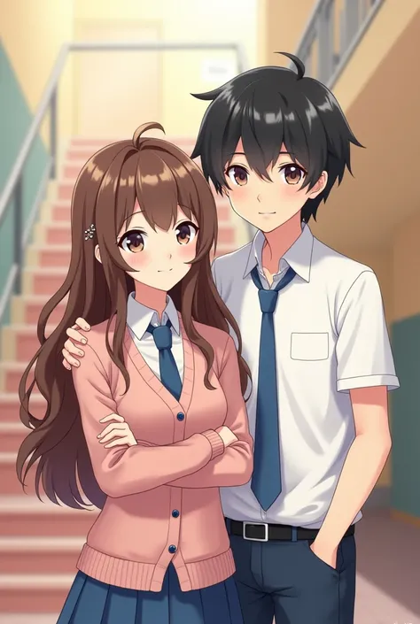 An illustration of a high school romance scene featuring a young couple standing together in a school corridor. The girl has long, wavy brown hair adorned with small accessories and wears a soft pink cardigan over a white blouse with a blue tie. She looks ...