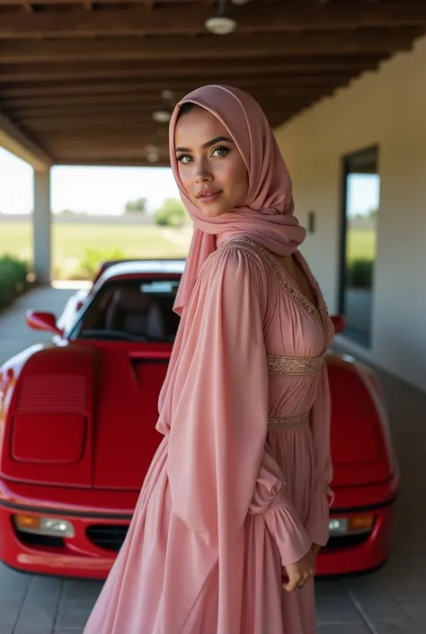 (( Exceptional quality )), (( masterpiece )), ((true to reality)), a beautiful hijab woman smiling,sweetly with big,long and loose hijab pinky dressed as a shiny sensual Arabian odalisque, she wears hijabista,abaya pink dress, she has strong blue eyes,  ex...