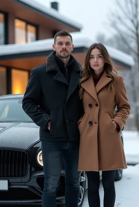  Rich 25 year old black haired Polish man with a short beautiful 25 year old Latin woman standing shoulder to shoulder next to a black Bentley，Women wearing Japanese winter clothes ,  behind them is an innovative modern villa 