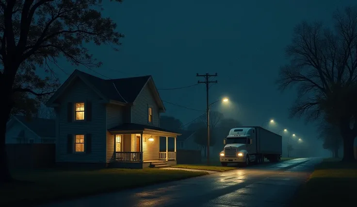 A small two-story house sits on a quiet street in Monterrey, bathed in the dim glow of streetlights. A Freightliner truck is parked in the distance in front of the house, its headlights illuminating the house, creating a tense atmosphere.