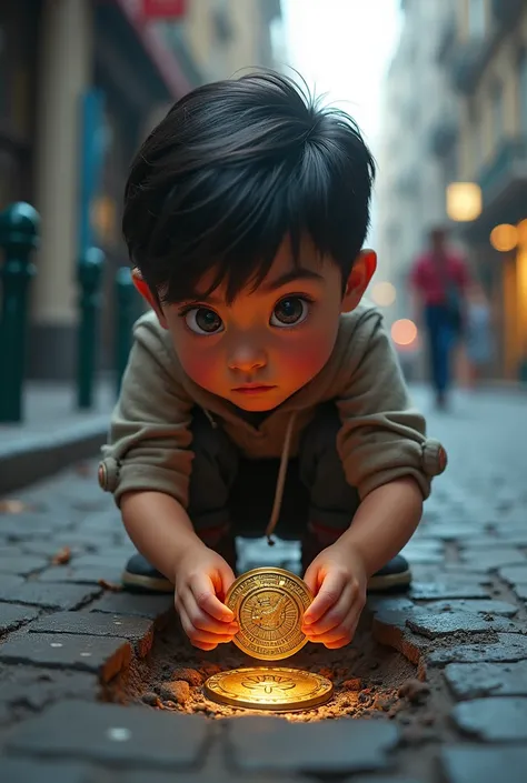 The boy pulls out a medallion from the curb and looks at it 