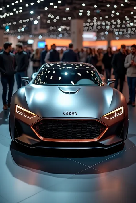 realistic image of a futuristic concept car made by Audi Motors, Luxury sports car, futuristic design,  matte black with polished copper details, LED headlights,  motor show in Germany , Admired audience around 