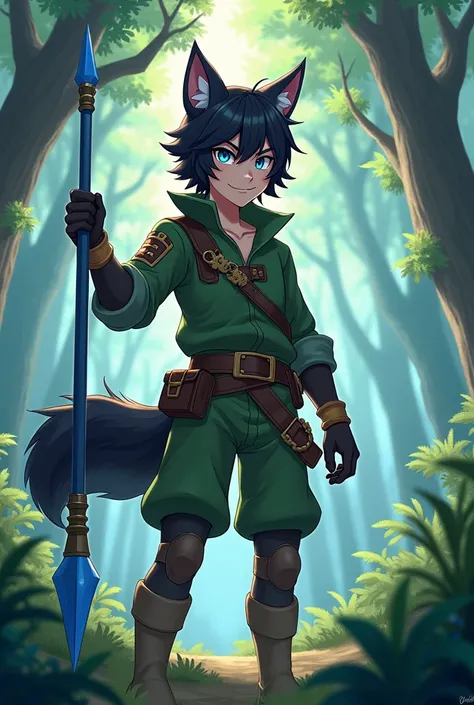 "Anime fantasy background forrest, a male dog with blue eyes short hair and black tail and ear hair. Her wears adventurer outfit colour green with hand full tatto, with her right hand hold spear blue. Her expression is smile, cool, and collected."