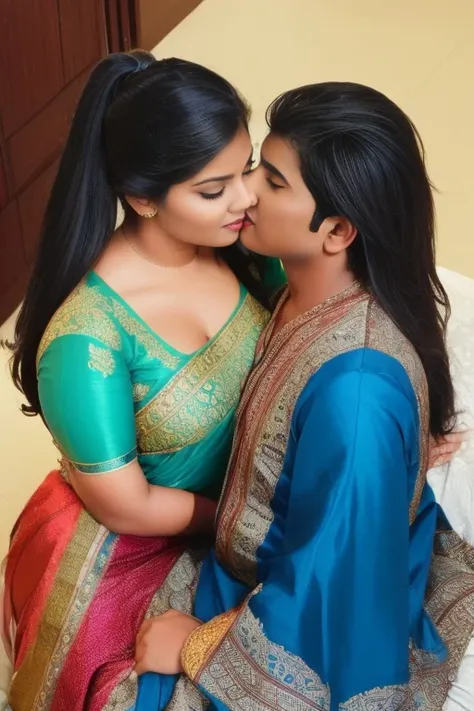 Full body image, top view Full body image, indian hourglass body, Indian plus sized 20 year old Telugu bride syamala, lovely face, suductive expression on face, she is biting her lower lips wearing highly embroideried meroon colour silk deep neck reflectiv...