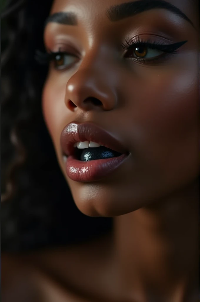 a beautiful black woman with big lips sucking a black penis