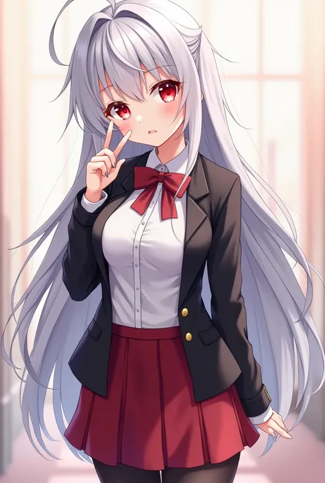 Anime girl sexy body white silver hair very red eyes with school uniform black jacket white shirt red skirt black tights white tennis long hair big breasts very beautiful in an ora sivica and many boys see her blushed for her beauty light background that g...