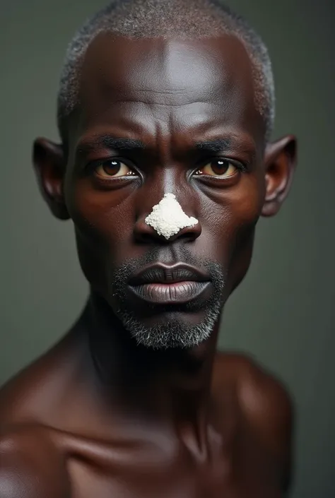  Very ugly young black man , bald man with serious expression , from Africa , with plenty of white flour under your nose and on your lip, with a fund from a low-income African people,  in a half-full body perspective