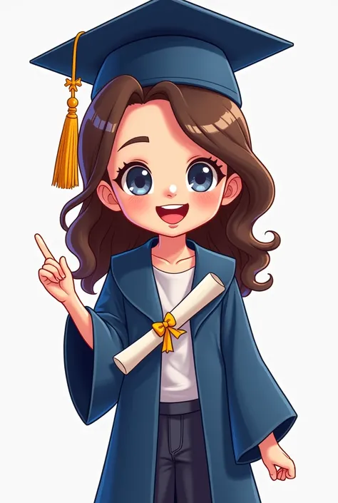  Im wearing a graduation gown with a diploma, wearing a blue academic coat , Dibujo animado beautiful character, telegram sticker ,  realistic painting of a pretty girl , Graduation photo, Beautiful caricature, postgraduate, Chibi girl,  cartoon ,  cartoon...