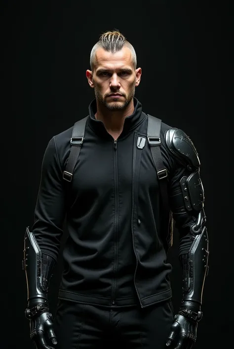 A man with a half-shaved head and a small short braid at the back, wearing modern dark clothing with futuristic metallic accents. One arm is a detailed bionic prosthetic, exuding advanced technology. Serious expression, dramatic lighting, plain dark backgr...