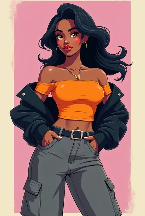 Cartoon, flat, 2d, cell-shaded. Woman, tan-bronze skin, athletic physique, amber eyes, neck-length black hair. She wears 2000s-inspired fashion: A black jacket, an orange off-shoulder shirt, a belt, and gray cargo pants. 2000s aesthetics
