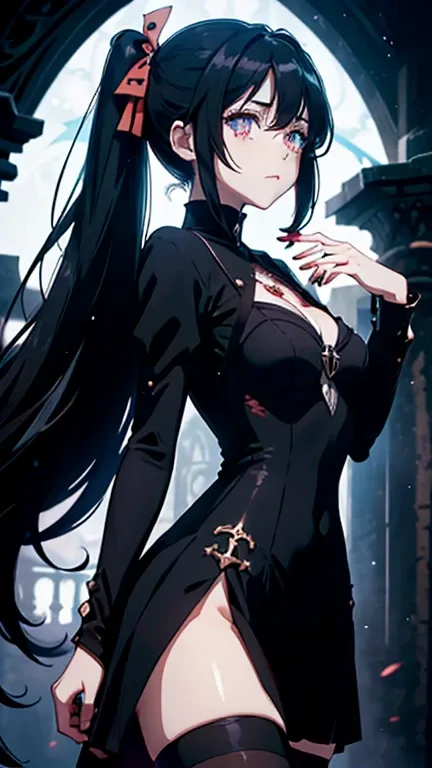 1 girl ,(big Stigmata) , ruined church, bloody rosary , (floating hair, floating skirt), ((blood sea)),from side, character focus, ((black light)),((dark lighting)), cinematic lighting ,(darkness), (concept art), ((rape face)) ,black long straight hair, bl...