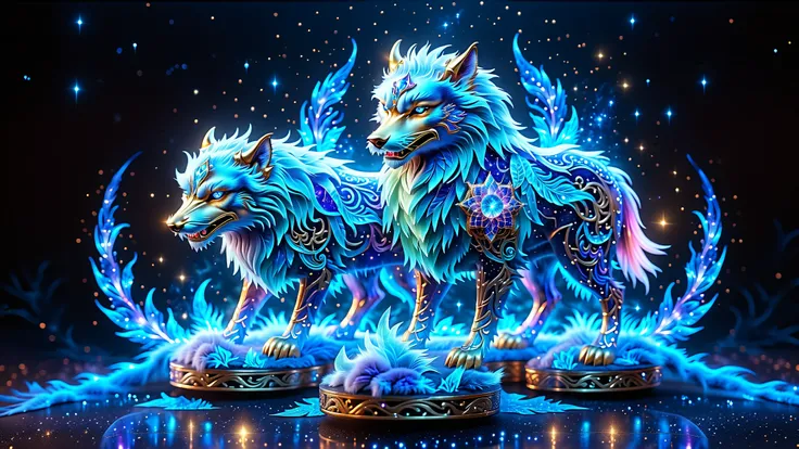 Generate A Wolf, Mystical Animal In The Style Of Fantasy And Celestial Art. Design A Beautiful Wolf With Satin-Like Fur, Feathered Accents, And Shimmering Iridescent Hues. Adorn It With Ornate Patterns, Celestial Jewels, And Ethereal Details.
Composition: ...