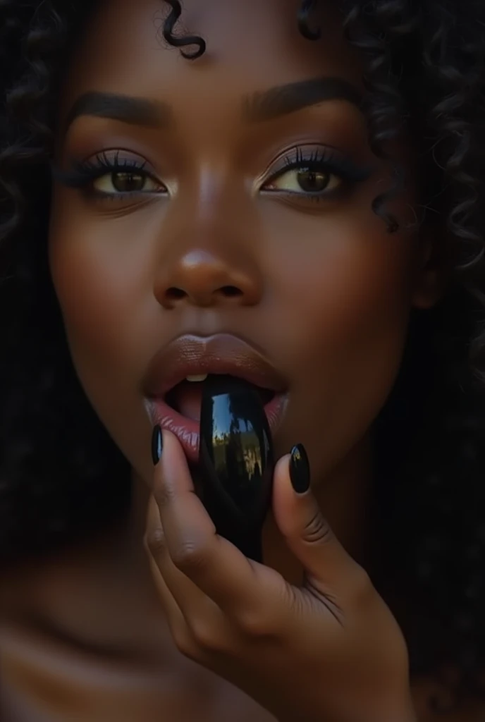 a beautiful black woman with big lips sucking a black penis