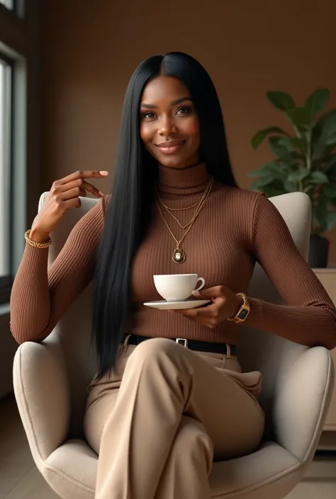 Hyper-realistic portrait of a stylish black woman with sleek black hair delicately holding a modern coffee cup while sitting in an architectural designer chair. She wears a sophisticated brown ribbed turtleneck and tailored pants, accessorized with a gold ...