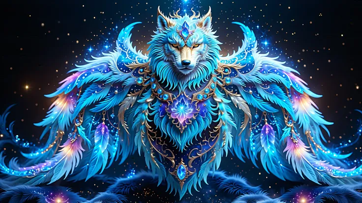 Generate A Wolf, Mystical Animal In The Style Of Fantasy And Celestial Art. Design A Beautiful Wolf With Satin-Like Fur, Feathered Accents, And Shimmering Iridescent Hues. Adorn It With Ornate Patterns, Celestial Jewels, And Ethereal Details.
Composition: ...