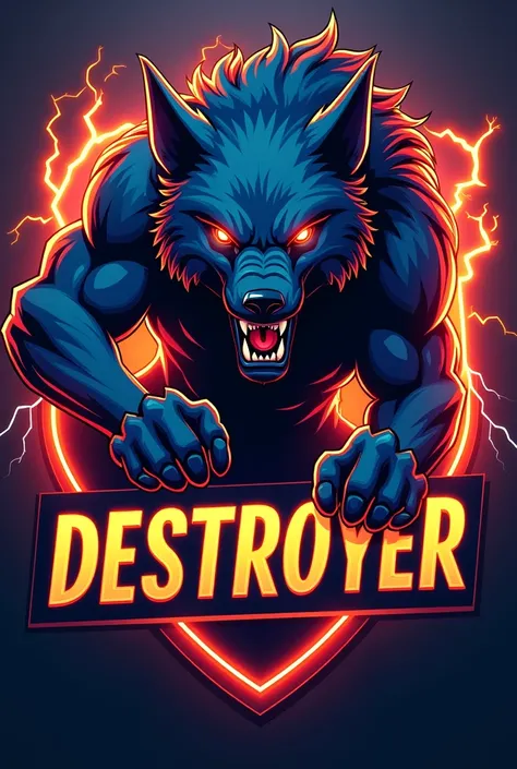 esport logo, wolf Scaty expression pose portrait, lightning and fire element with the words "DESTROYER" Illustration style red bacground, shield shape