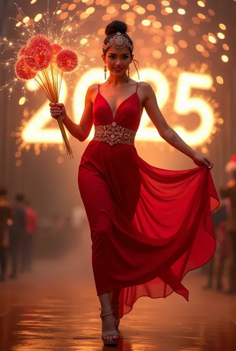  Woman walks towards camera holding bouquet of flaming fireworks, red dress, engraved belt happy new years 2025 ,  open high heels bling red color ,happy new year engraved headdress ,wore,8K,real,full body