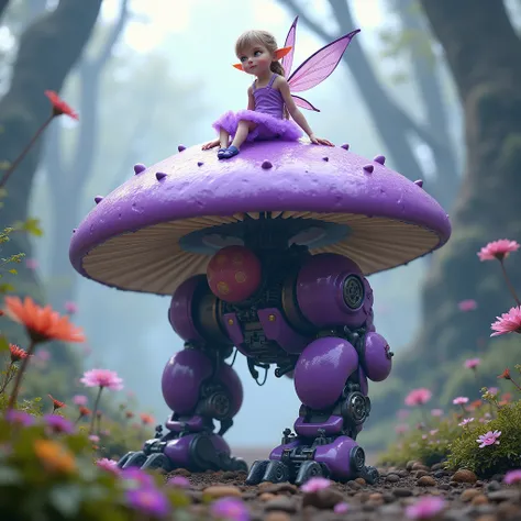 Realistic natural rigging photo of a seven-year-old hyperrealistic natural  fairy in purple costume sitting on a gigantic purple robotic mushroom robot walking in a fantasy world.