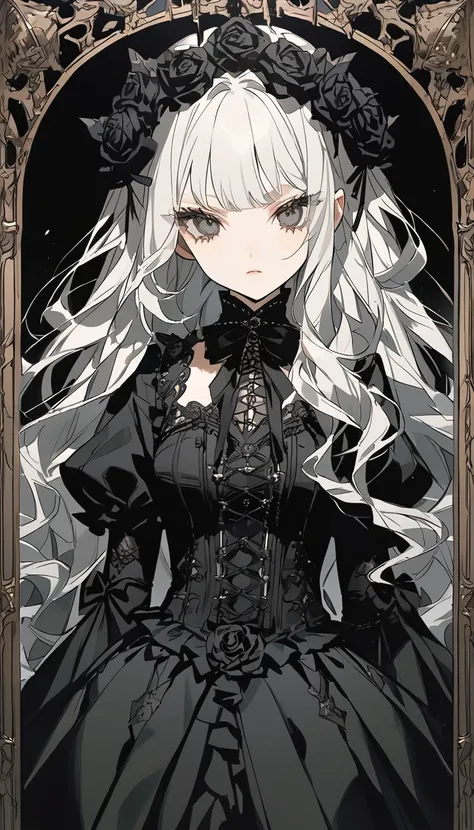  anime girl in a black dress with long hair and roses, she is the queen of  Black Rose s,  Gothic Maid Style Anime Girl , black metal rococo , Black Rococo, Elegant gothic princess , Gwaiz, Gwaiz masterpiece,  Black Rose , Gothic art style,  Black Rose  fr...