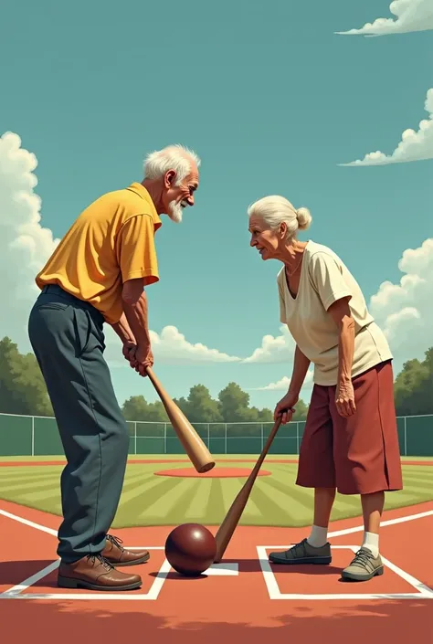 Old man batting and old woman are bowling