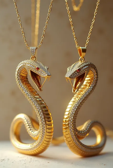 Two identical gold necklaces in the shape of a viper set 