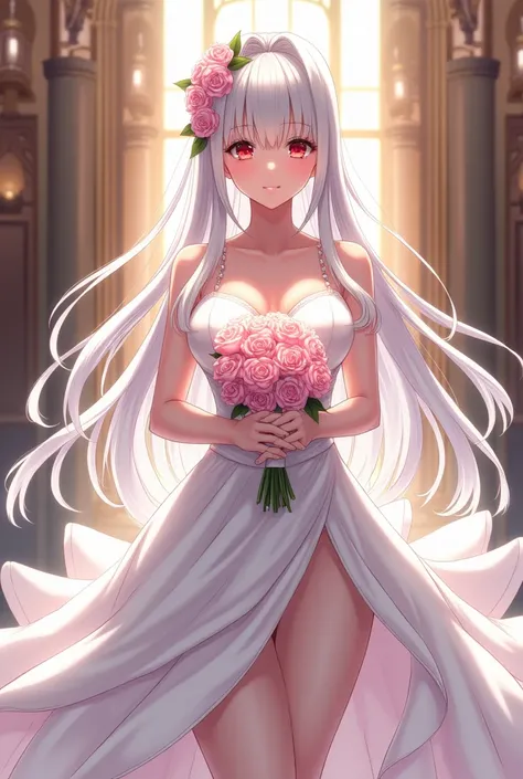 Anime girl sexy body white silver hair very red eyes long hair wearing wedding dress with her two hands clutching a bouquet of pink flowers in an inglecia about to get married big breasts beautiful