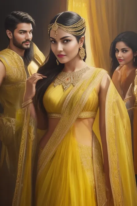 a woman in a yellow dress standing next to three men, a detailed painting by Alexander Kucharsky, trending on Artstation, fantasy art, indian goddess, hindu aesthetic, beautiful goddess, karol bak uhd, beautiful character painting, portrait of a beautiful ...