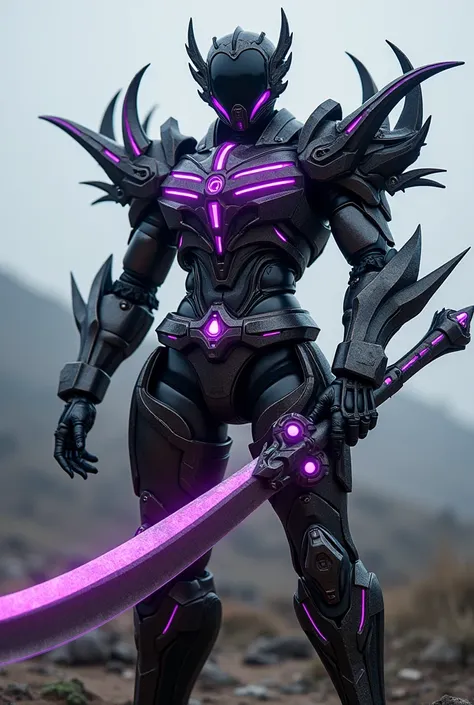  Create a prompt about an image of a Kamen Rider half a monster ,  mix of robotic mechanics Kamen Rider , with monstrous synthetic parts , in an apocalyptic landscape.  Holding a futuristic scythe in the shape of a metallic and monstrous moon .  Armor with...