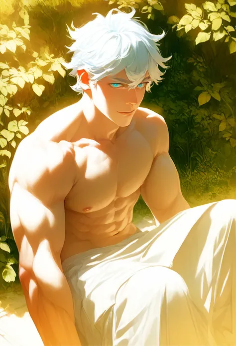 White haired man,  pale skin and muscular blue eyes,robust,stately and big penis 