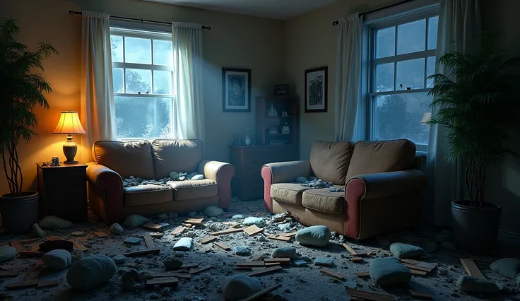 The living room was in ruins after the crash: a sofa was crushed, pieces of glass and wood were scattered on the floor, and flashlights from neighbors shone in through the broken windows.