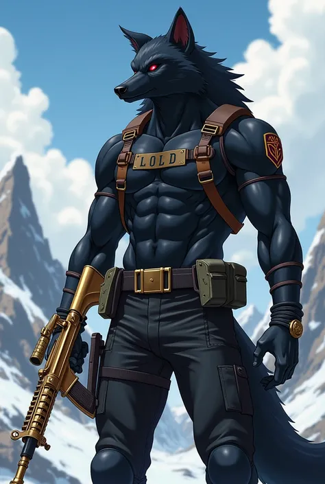  A furry on the top of a mountain holding a pair of golden guns which would shine ... His red eyes would highlight his black fur next to his muzzle .... his rigid posture would demonstrate all his musculature as a wolf with army plates with the name "kille...