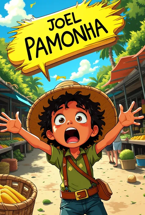 Vivid meme-style cartoon | A young boy military-curly_hair street vendor in a bustling open market, dynamically shouting the phrase (“Joel Pamonha”) with expressive body language and exaggerated, comical facial expressions | Vibrant colors, lively and chao...