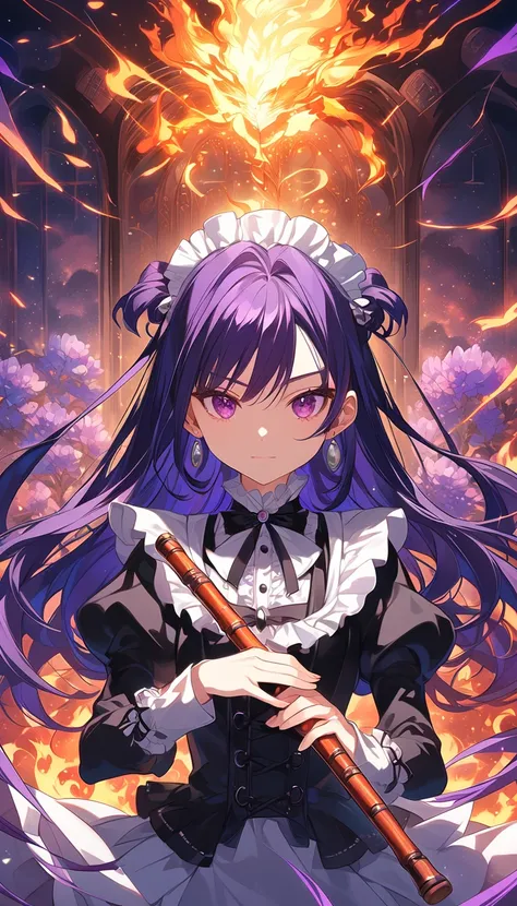 Long haired anime girl playing flute in front of purple flowers, Burning,  Gothic Maid Style Anime Girl , Nightcore, Katsuragi Misato, inspired Burning, Anime Wallpaper,  Animation Art s,  anime cover , hd Anime Wallpaper,  Animation Art ,  more beautiful ...